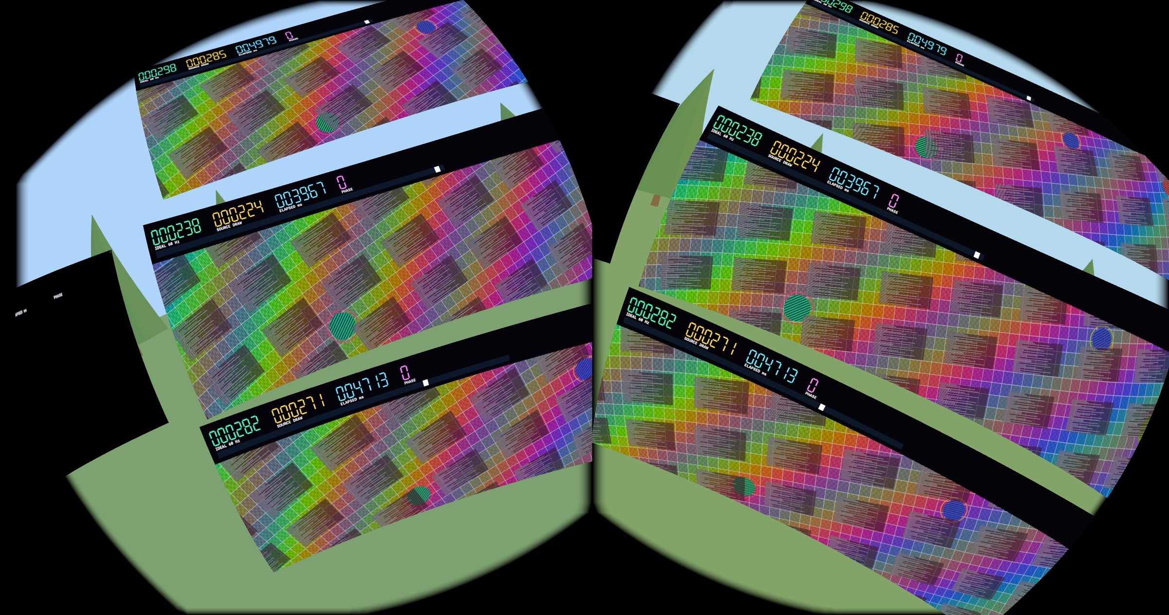 Stereo capture of the Quest test: curved monitors showing a colorful grid, fine details, and frame counters